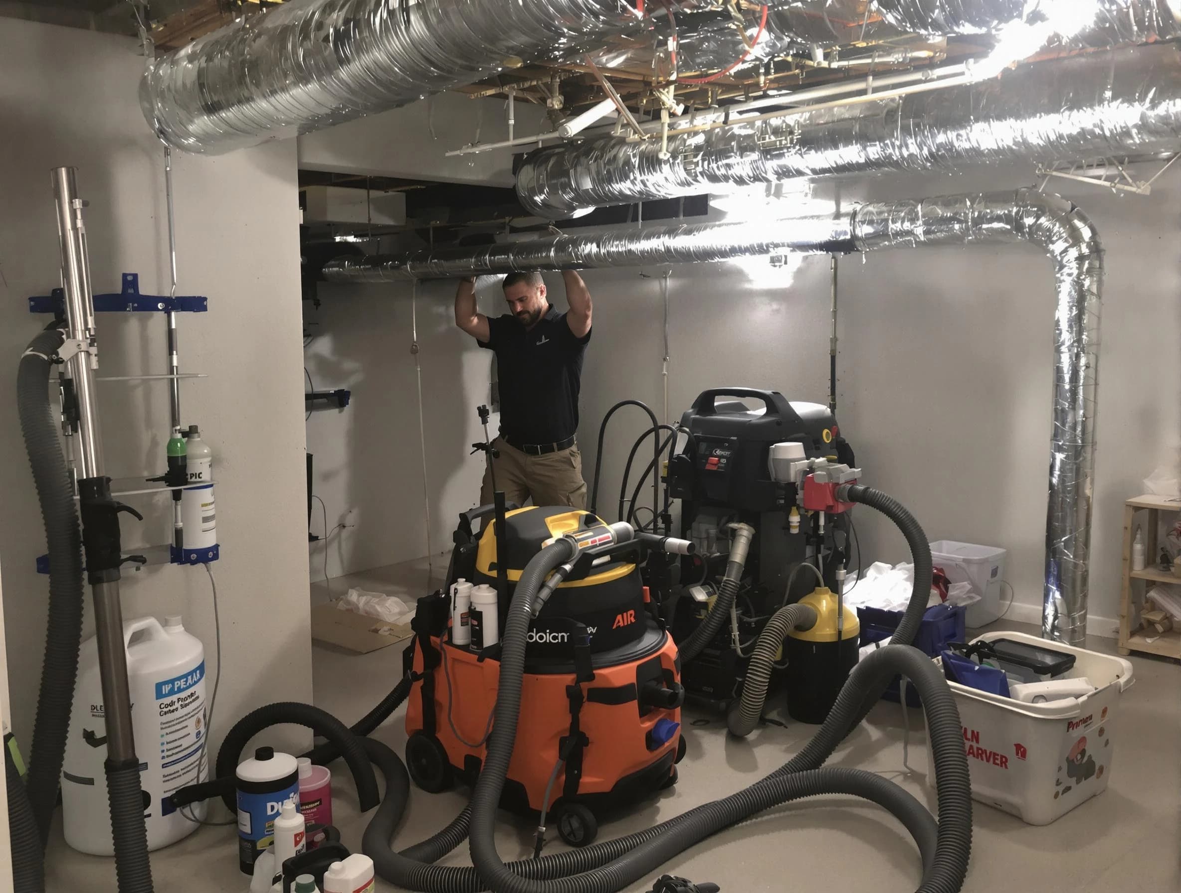 Bellwood Air Duct Cleaning specialist performing professional mold removal from air ducts using safety equipment in Bellwood