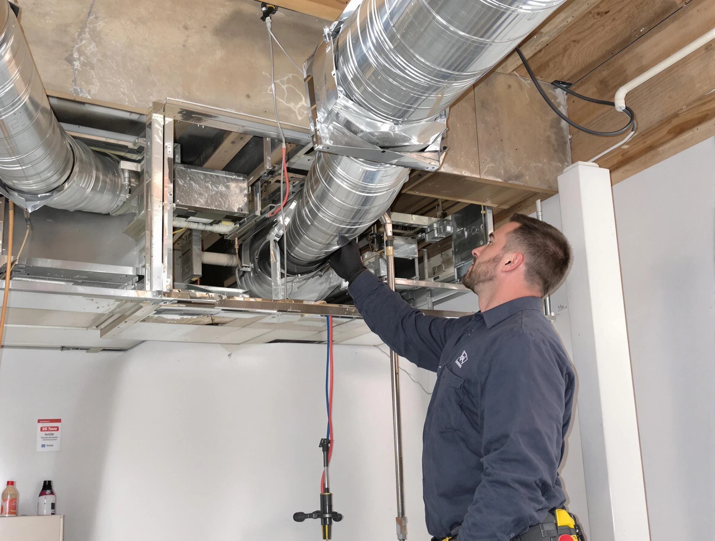 Bellwood Air Duct Cleaning technician performing professional air duct repair using specialized tools in Bellwood